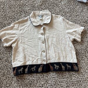 Stonebridge Safari Animal Linen Blend Button Up Blouse Shirt Women’s XL Boho Vtg